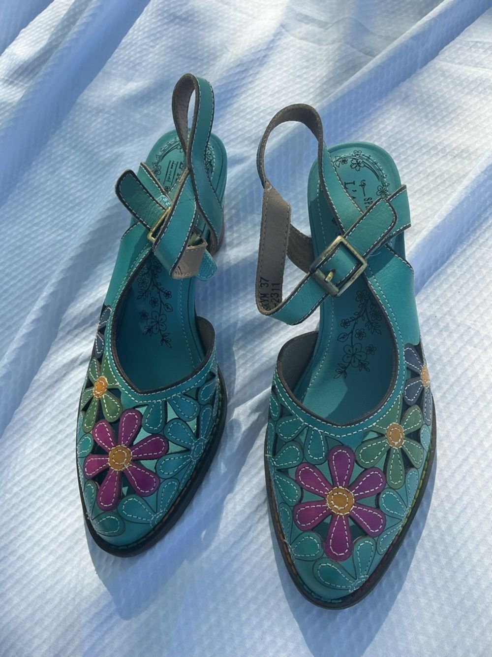 L'ATISTE Teal Floral Leather Slingback Mules